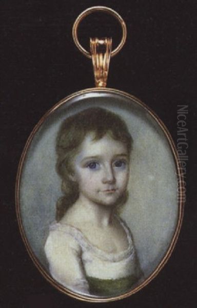 A Child Wearing Low-cut White Dress With Lace Trim And Green Ribbon Waistband Oil Painting by William Singleton