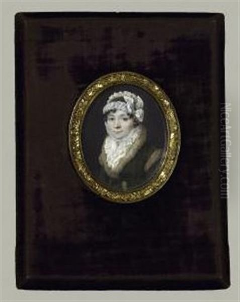 Portrait D'une Femme En Manteau Vert-olive A Col Et Manches De Fourrure, Coiffee D'un Chapeau A Ruche Enrubanne Oil Painting by Jean Baptiste Singry