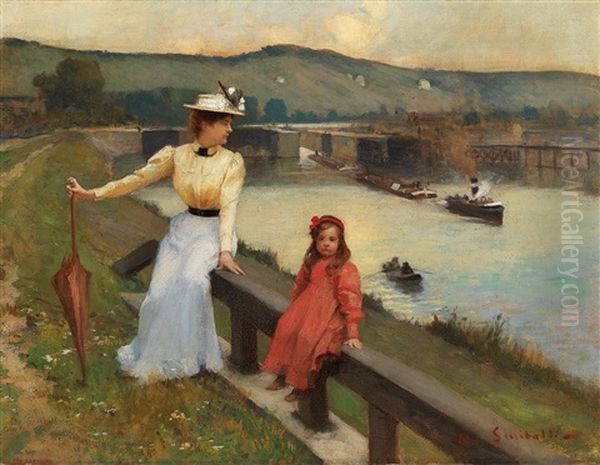 Mother And Daughter On The Riverbank Oil Painting by Jean-Paul Sinibaldi