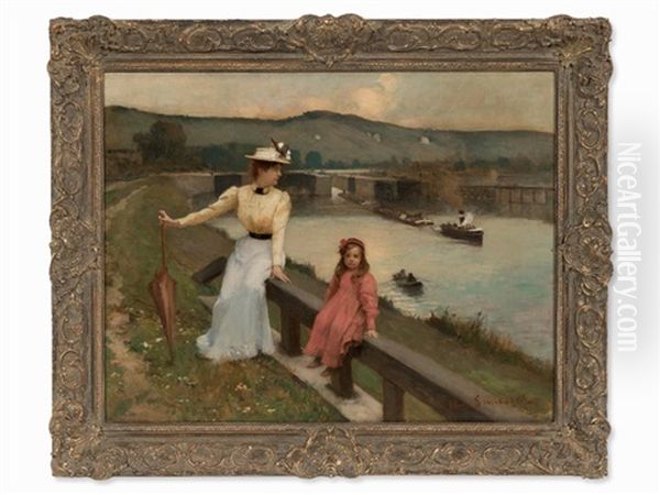 Mother And Child At The River Oil Painting by Jean-Paul Sinibaldi