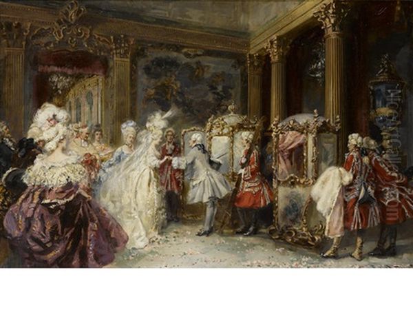 Elegant Figures Entering Sedan Chairs In An Interior Oil Painting by Jean-Paul Sinibaldi