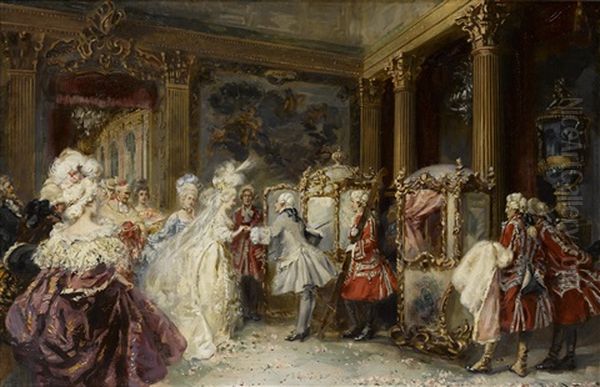 Elegant Figures Entering Sedan Chairs In An Interior Oil Painting by Jean-Paul Sinibaldi