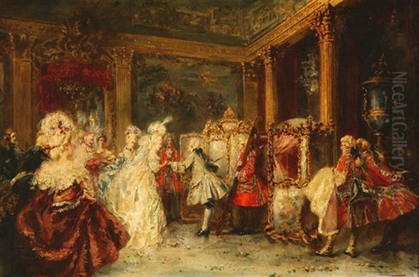 Figures Entering Sedan Chairs In An Ornate Rococo Interior Oil Painting by Jean-Paul Sinibaldi