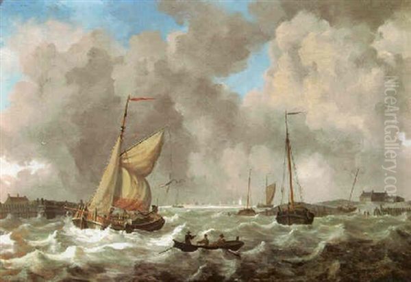 Seascape With An Oncoming Storm And Fishing Smacks Sailing To Shore Oil Painting by Joseph Sipkes