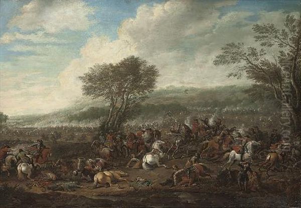 A Cavalry Skirmish Oil Painting by Jan Pieter Braedael I