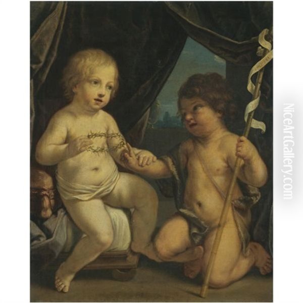 The Infant Jesus Christ Holding A Crown Of Thorns With The Young St. John The Baptist Oil Painting by Elisabetta Sirani