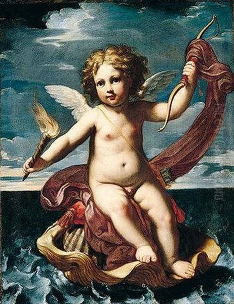 Cupid, Holding A Flaming Torch And Bow, Seated On A Shell Oil Painting by Elisabetta Sirani