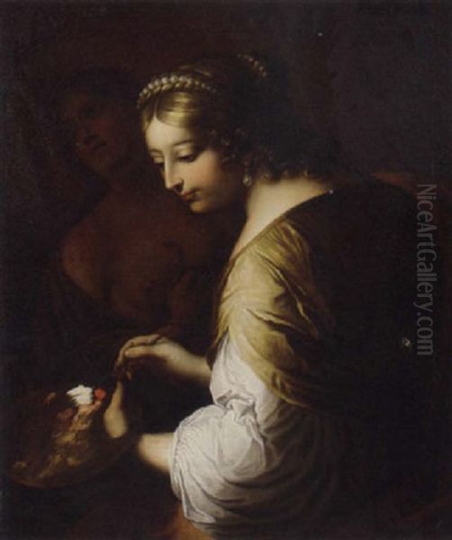 Portrait Of An Artist Painting The Death Of Cleopatra Oil Painting by Elisabetta Sirani