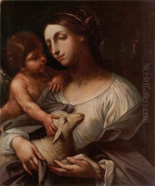 St. Agnes With An Angel Oil Painting by Elisabetta Sirani