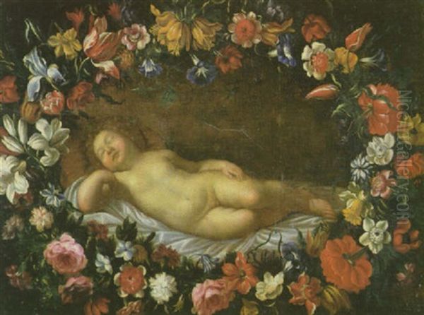 Schlafender Putto In Einem Blutenkranz Oil Painting by Elisabetta Sirani