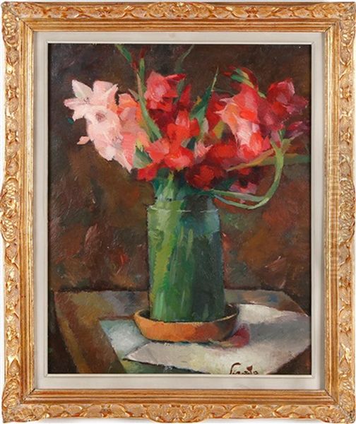 Still Life With Flower Bouquet In A Green Vase Oil Painting by Francisc Sirato