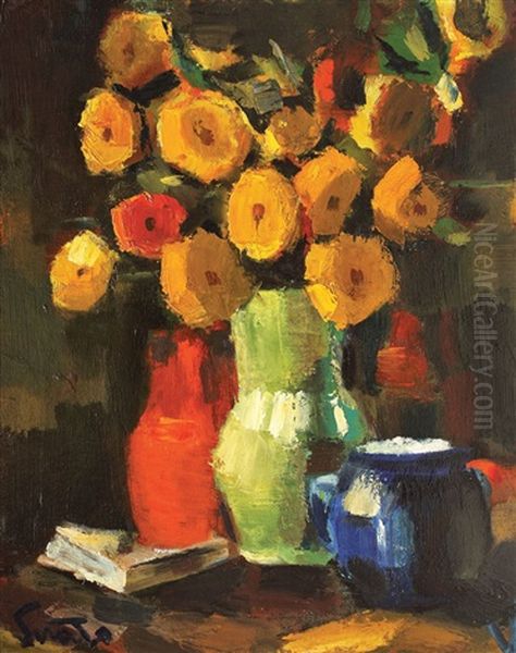 Still Life With Chrysanthemums Oil Painting by Francisc Sirato