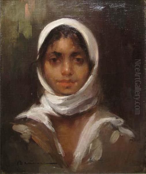 Tanara Cu Basma Alba Oil Painting by Dumitru Braescu