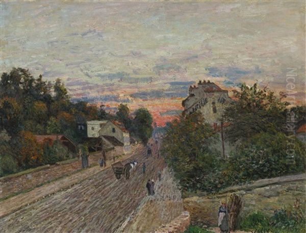 Coucher De Soleil, La Route De Versailles A Chavilles Oil Painting by Alfred Sisley