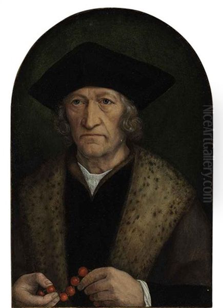 Portrait Of A Gentleman In A Black Hat And Brown Robe With A Lynx Collar, Holding A Rosary Oil Painting by Michiel Sittow