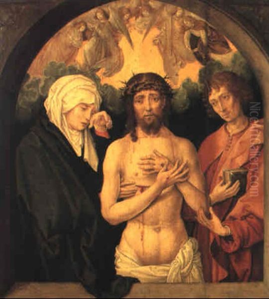 The Man Of Sorrows With The Virgin And St. John The Evangelist Oil Painting by Michiel Sittow