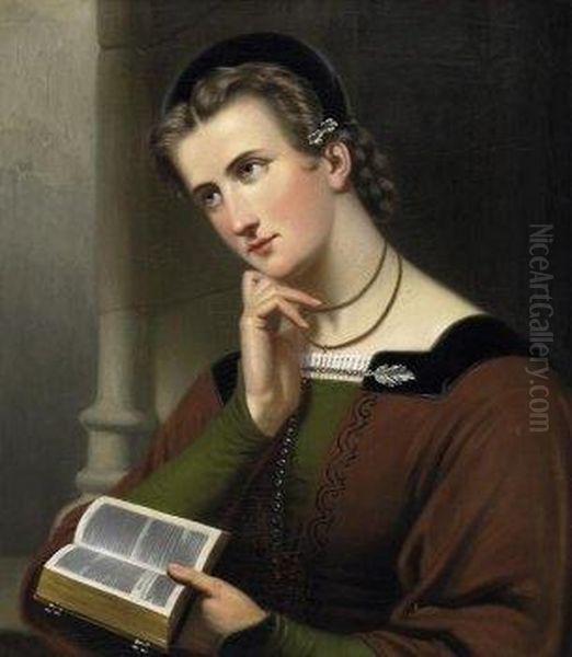 Portrat Of A Young Lady With Bible. Signed And Dated Lower Left: J.b. Van Uberfeldt May 1866 Oil Painting by Jan Braet Von Uberfeldt