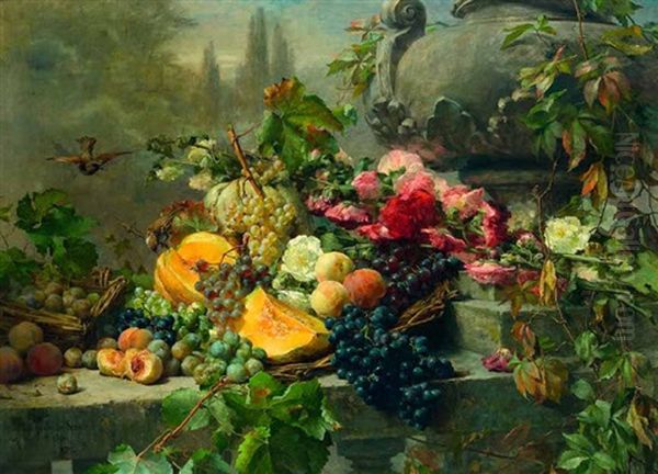 Fruchte- Und Blumenstillleben Mit Vogeln In Parklandschaft Oil Painting by Clara Von Sivers