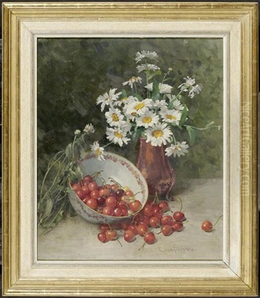 Stilleben Mit Blumen In Einer Bronzevase Und Kirschen Oil Painting by Clara Von Sivers