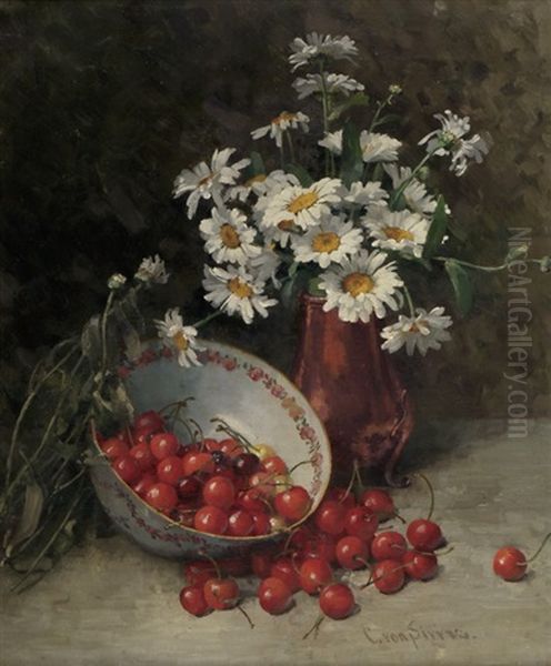 Stillleben Mit Kirschen, Porzellanschussel Und Margaritenstrauss Oil Painting by Clara Von Sivers