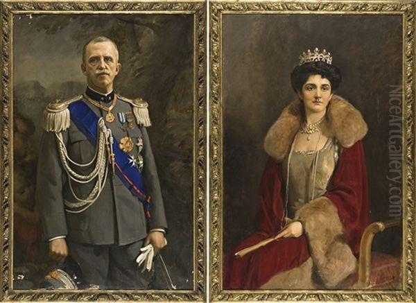 Ritratti Del Re Vittorio Emanuele Iii E Della Regina Elena (pair) Oil Painting by Carlo Siviero