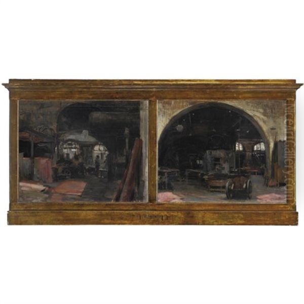 Officine (+ Le Macchine; Diptych) Oil Painting by Carlo Siviero