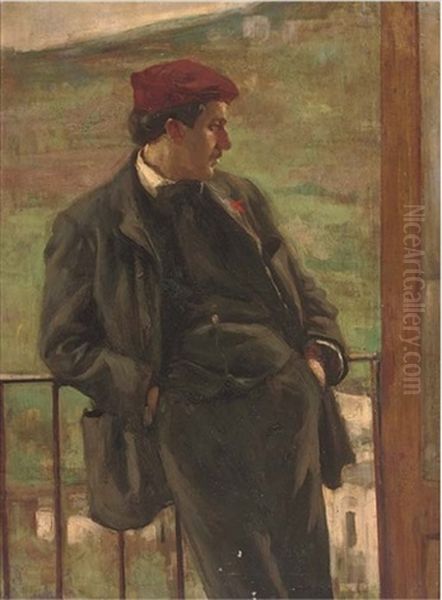 Portrait Of Doctor Lepore Of Naples, Three-quarter-length, In A Burgundy Hat, A Landscape Beyond Oil Painting by Carlo Siviero