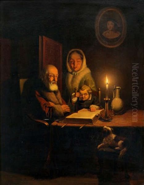 Interior With Grandparents And Grandchild At Candlelight Oil Painting by Pieter Geerard Sjamaar