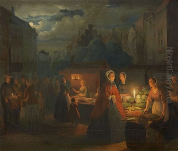 A Market Scene By Moonlight Oil Painting by Pieter Geerard Sjamaar