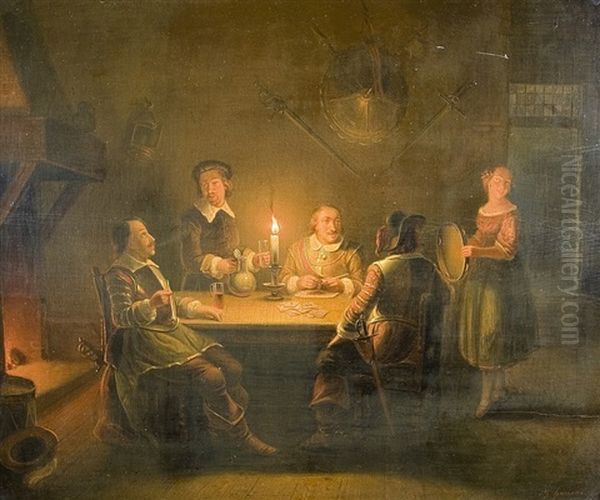 Card Game At Night Oil Painting by Pieter Geerard Sjamaar