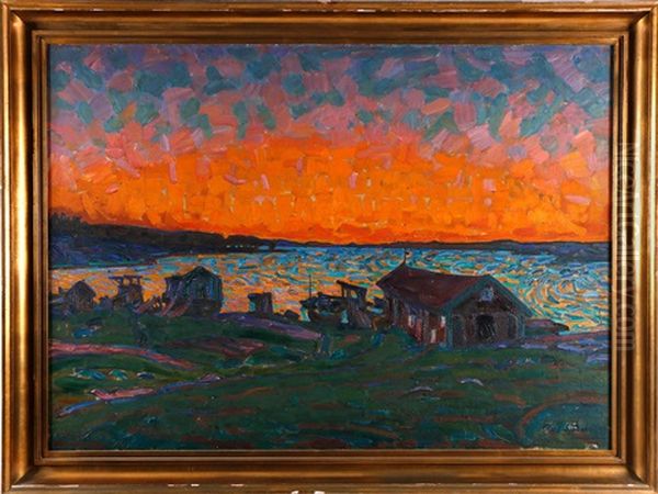 Solnedgang Over Fiskelage, Sandhamn 1912 Oil Painting by Axel Sjoeberg