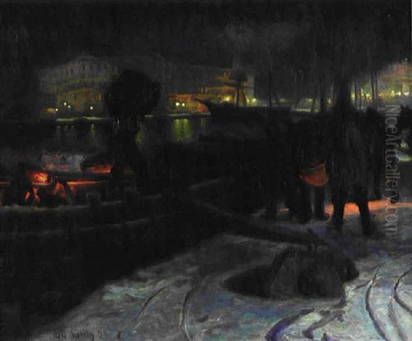 Kvall I Hamn - Stockholm Oil Painting by Axel Sjoeberg