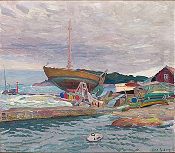 Lotskutter Pa Sliperi, Sandhamn Oil Painting by Axel Sjoeberg