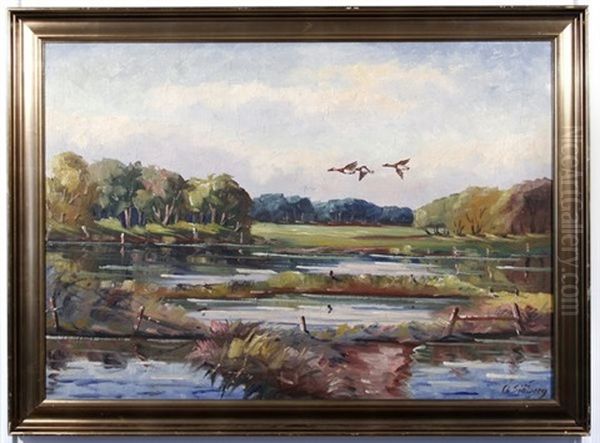 Scandinavian Landscape With Ducks In Flight Oil Painting by Axel Sjoeberg