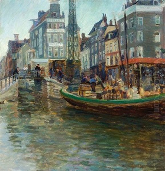 View Of The Oudezijds Kolkje In Amsterdam Oil Painting by Helmi Sjoestrand