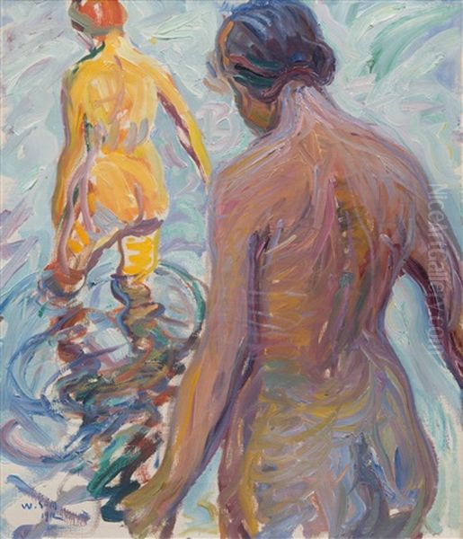 Swimmers Oil Painting by Vilho Sjoestroem