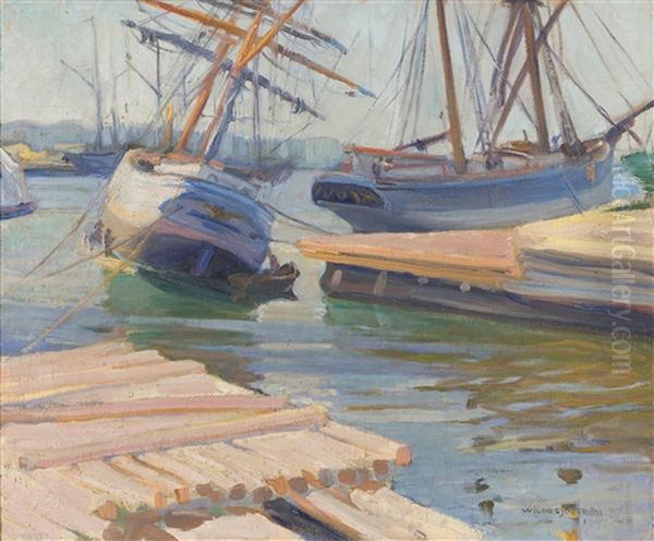 Ships In The Harbour Oil Painting by Vilho Sjoestroem