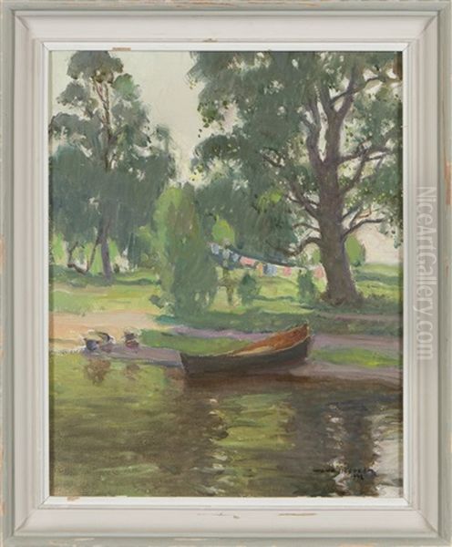 Rowboat At Shore Oil Painting by Vilho Sjoestroem