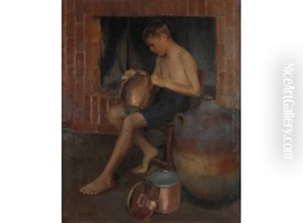 Youth Polishing Copper Oil Painting by Vilho Sjoestroem