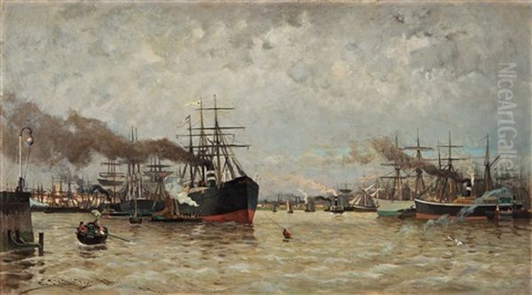 Hamnen I Rotterdam (the Harbour In Rotterdam) Oil Painting by Carl Skanberg