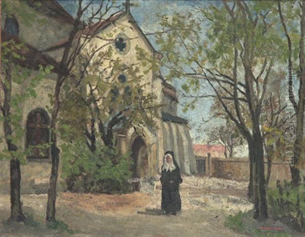 Nunna Vid Kyrkan, Bretagne Oil Painting by Carl Skanberg