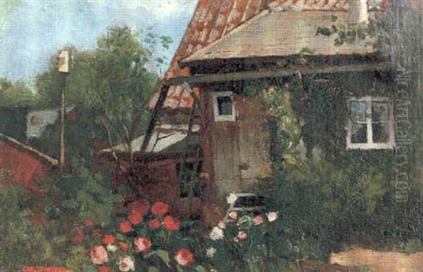 Gardsexterior Med Rosor Oil Painting by Carl Skanberg