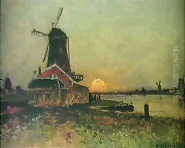 Solnedgang Over Hollandsk Kanal Oil Painting by Carl Skanberg