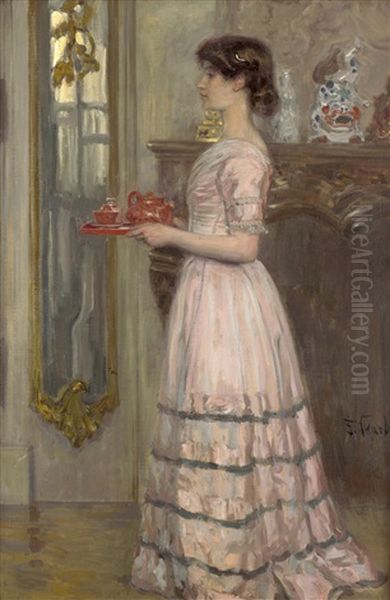 Das Rote Service (madchen Im Rosa Kleid In Einem Festsaal, Ein Tablett Mit Einem Porzellanservice Haltend) Oil Painting by Franz Skarbina