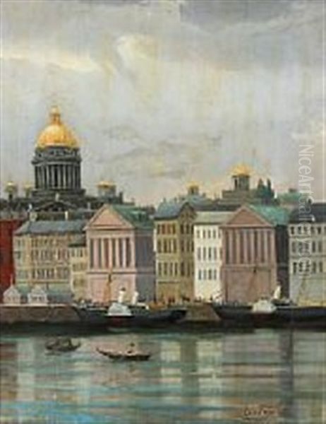 View From St. Petersburg At The Neva River Overlooking The Isaac Cathedral Oil Painting by Edvard Skari