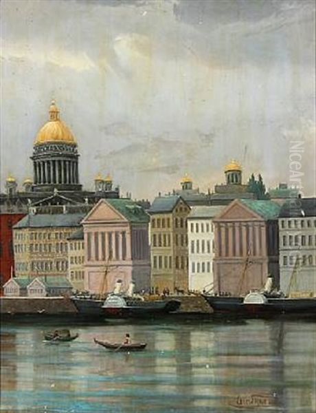 View From St. Petersburg At The Neva River Overlooking The Isaac Cathedral Oil Painting by Edvard Skari