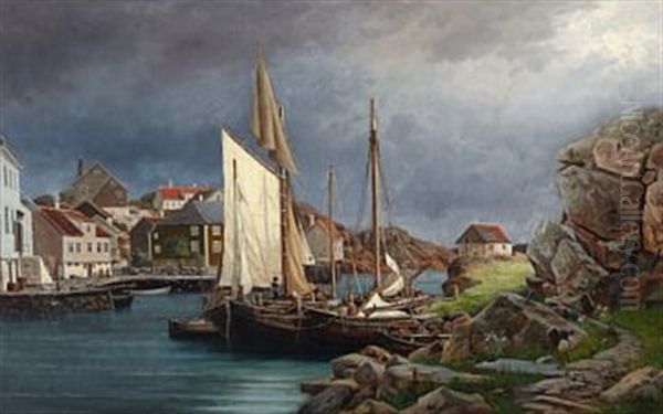 Hus Og Bater I Ny-hellesund Oil Painting by Edvard Skari