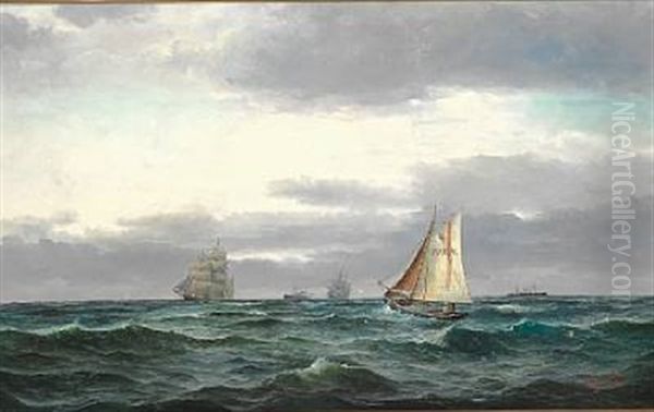 Marine With Several Ships, Gray Rainy Clouds And A Bit Of Blue Sky Oil Painting by Edvard Skari