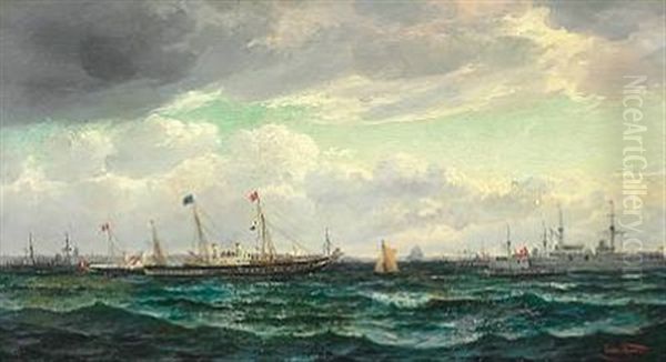 The British Royal Yacht Is Received By The Danish Royal Yacht And Vessels Of The Danish Navy Oil Painting by Edvard Skari