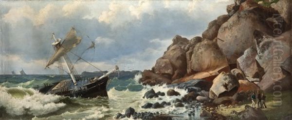 Seestuck Mit Felskuste U. Auf Grund Gelaufenem Schiff Dessen Besatzung Sich Ans Rechte Ufer Gerettet Hat by Edvard Skari